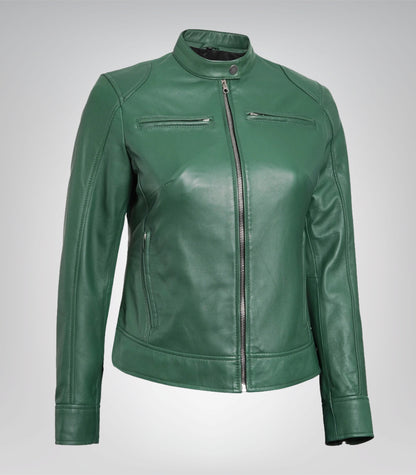 Women’s premium green leather moto jacket