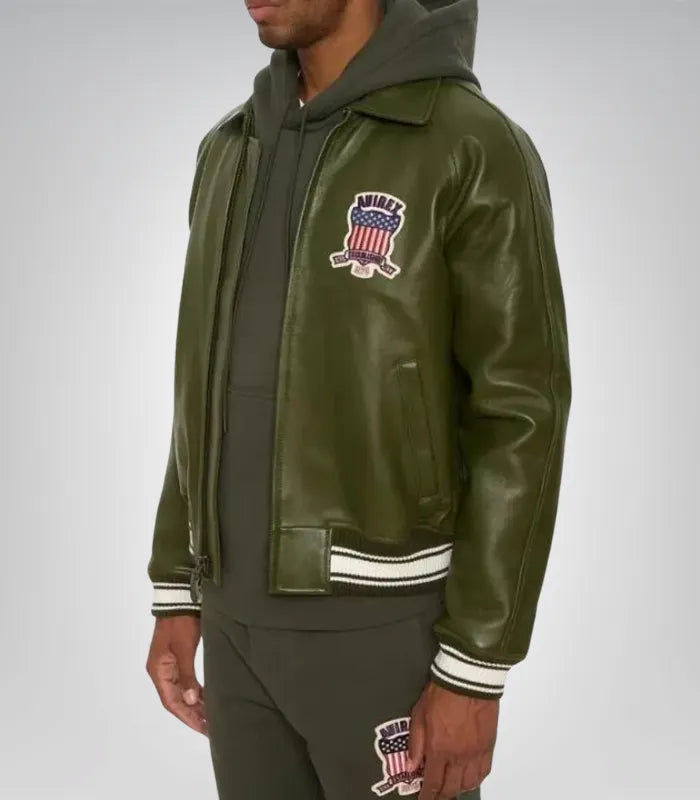 Vintage olive green Avirex bomber jacket for men – genuine leather coat