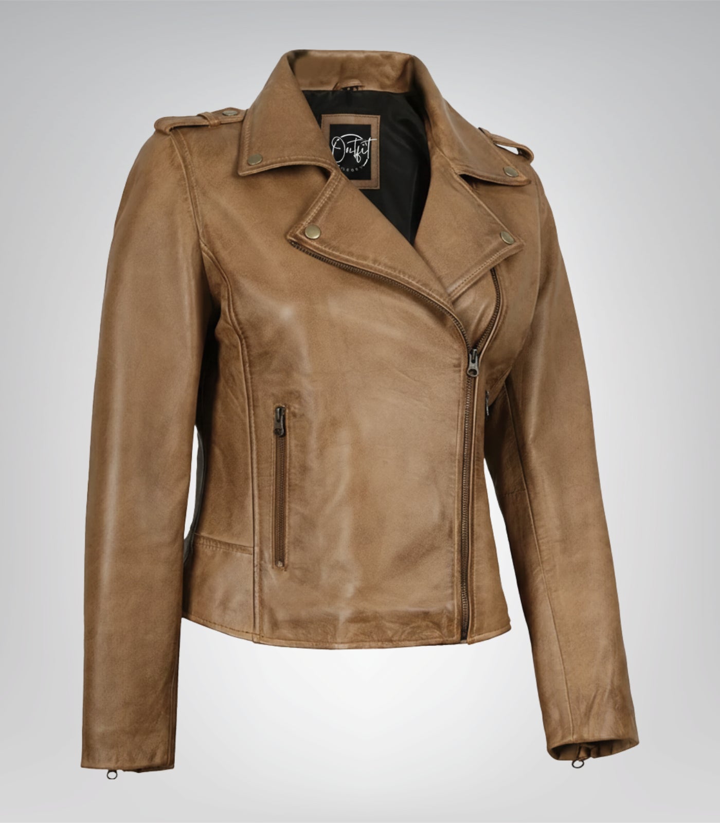 Women’s premium camel brown leather biker jacket