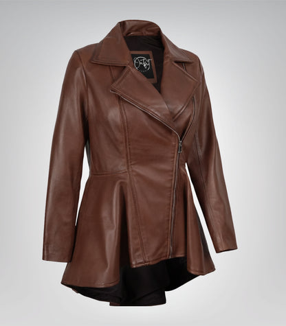 Cognac real leather peplum-style jacket for women