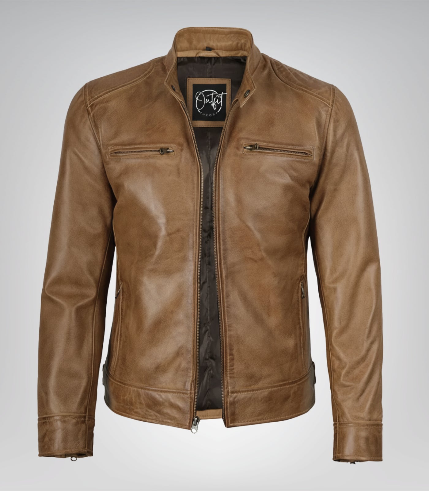 Men’s real leather moto jacket in camel brown color