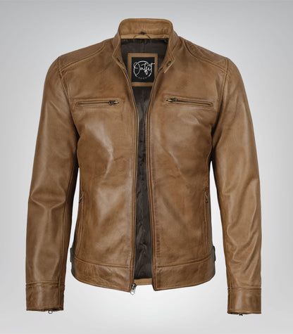 Men’s real leather moto jacket in camel brown color