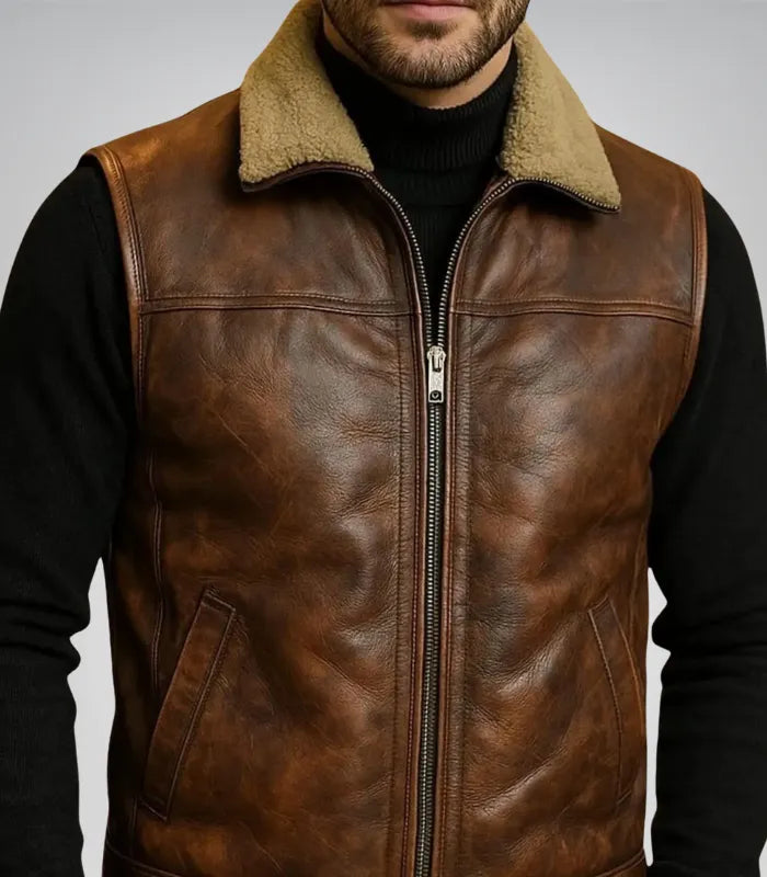 Men’s Western Cowboy Bomber Jacket – Weathered Brown Leather, Aged Lambskin
