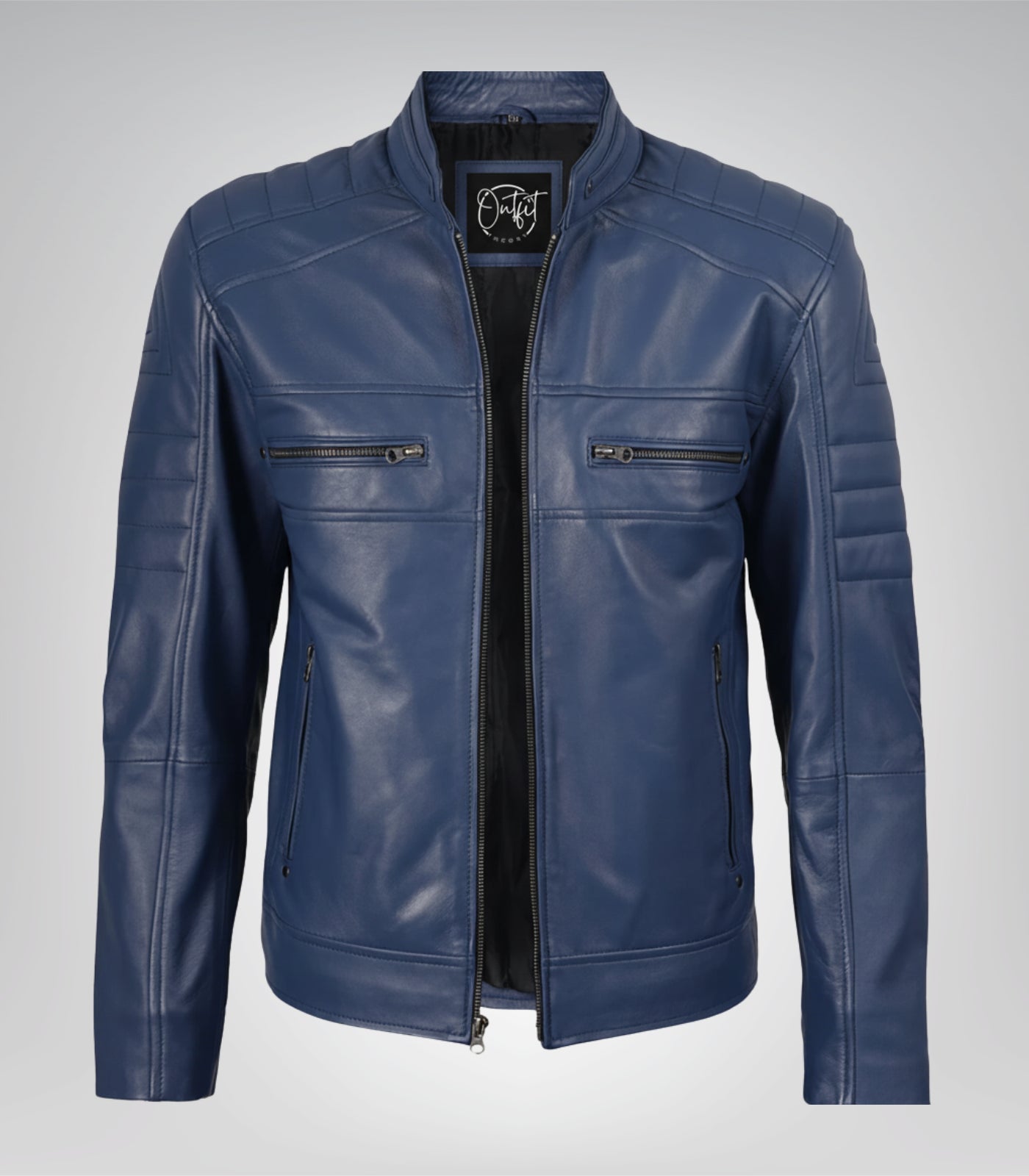 Premium blue leather biker jacket for men, handcrafted design