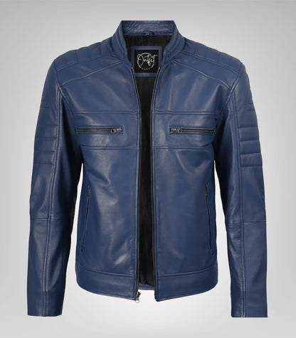 Premium blue leather biker jacket for men, handcrafted design
