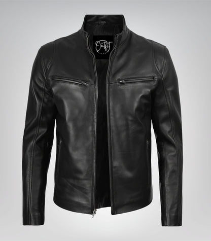 Men’s real leather motorcycle jacket with classic fit design