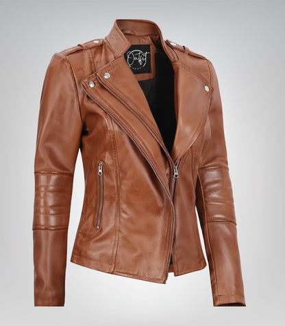Women’s premium tan leather motorcycle-style jacket