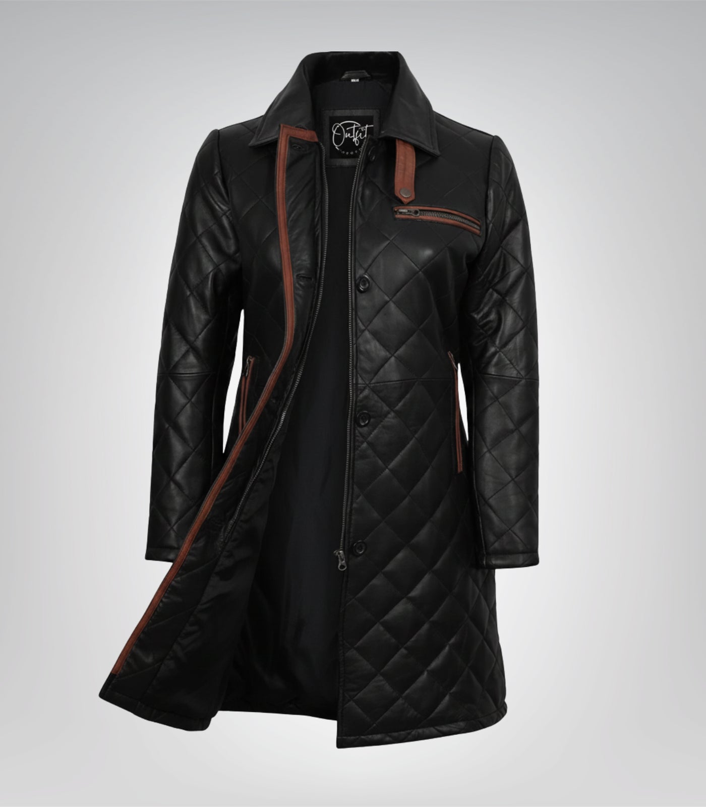 Premium black leather car coat for women with quilted design and brown highlights