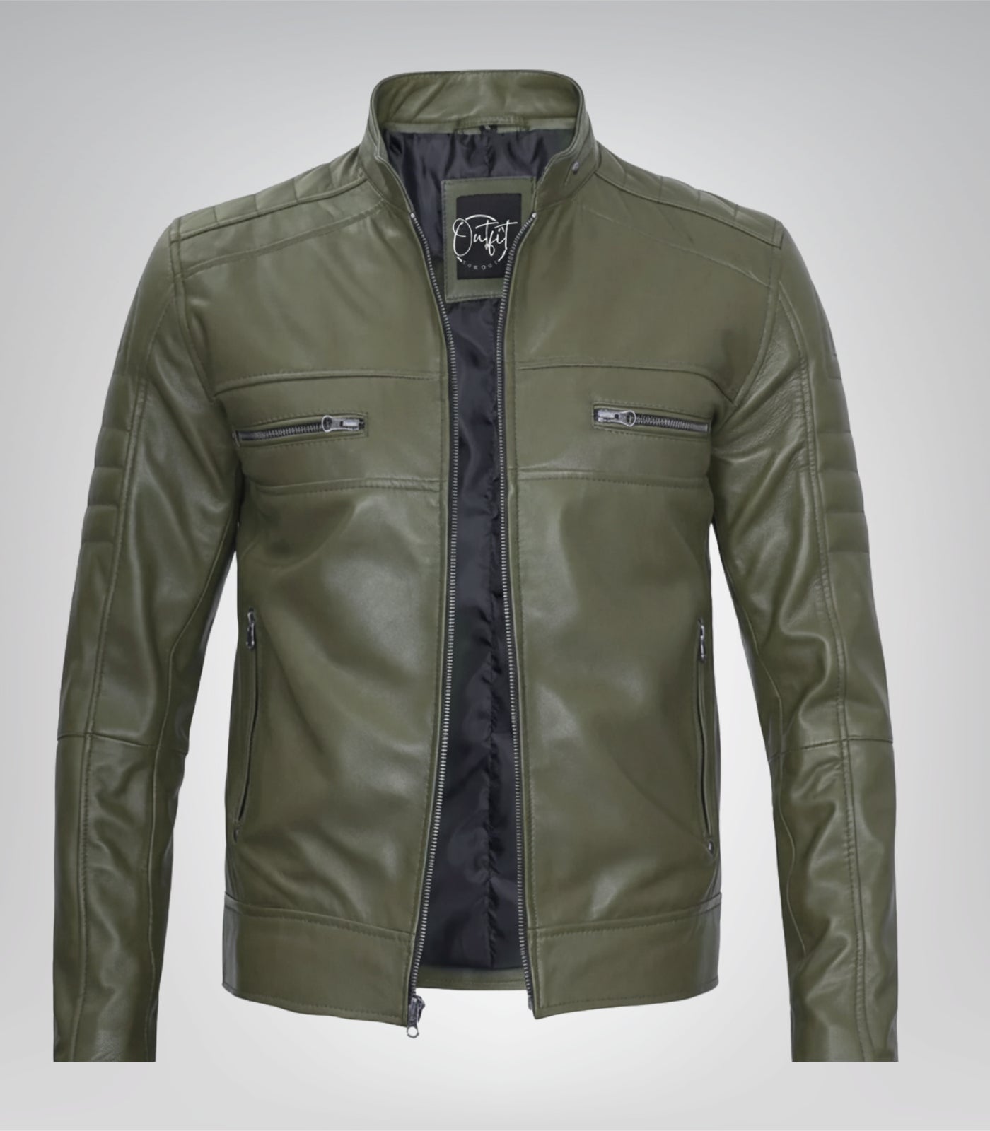 Men’s real leather biker jacket in olive green color