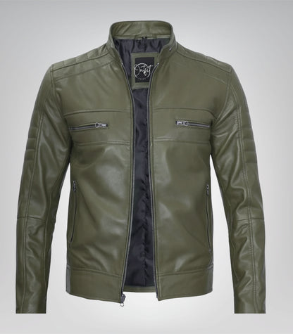 Men’s real leather biker jacket in olive green color