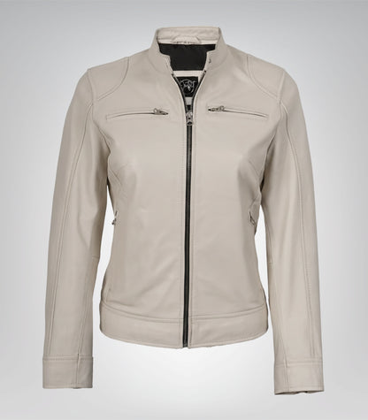 Women’s premium off-white leather biker jacket