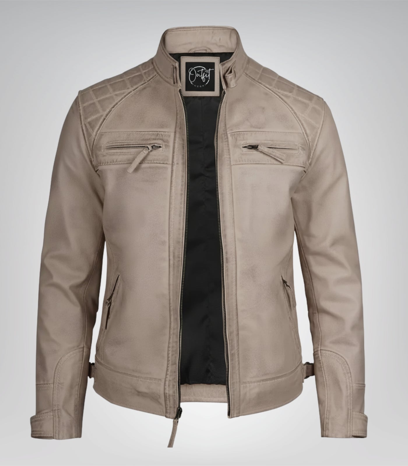 Men’s real leather biker jacket in warm beige color