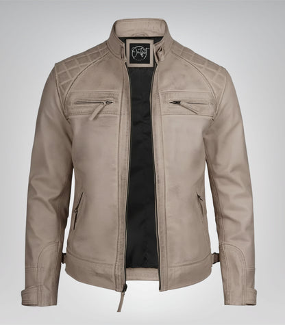 Men’s real leather biker jacket in warm beige color