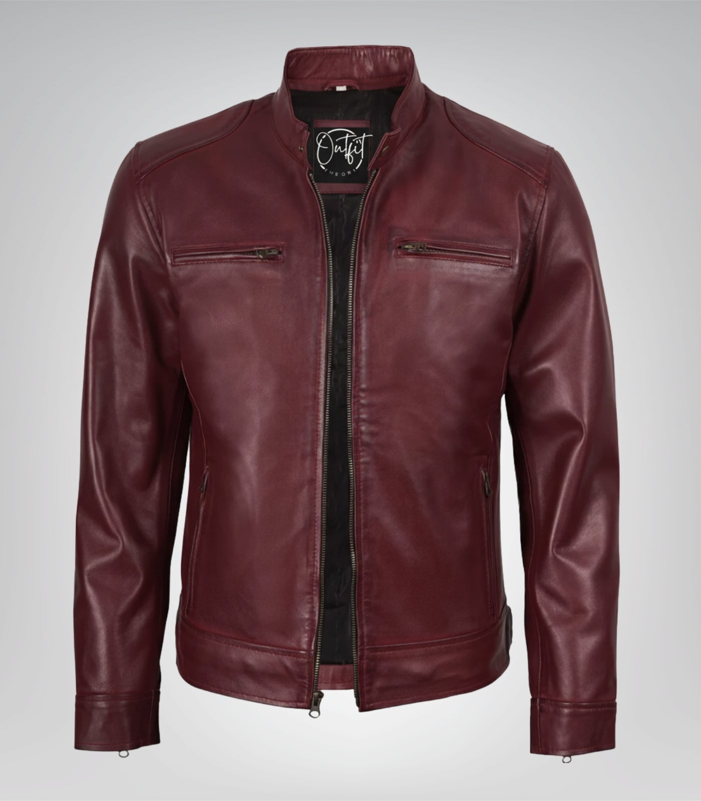 Men’s real leather motorcycle jacket in burgundy biker design