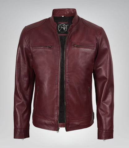 Men’s real leather motorcycle jacket in burgundy biker design