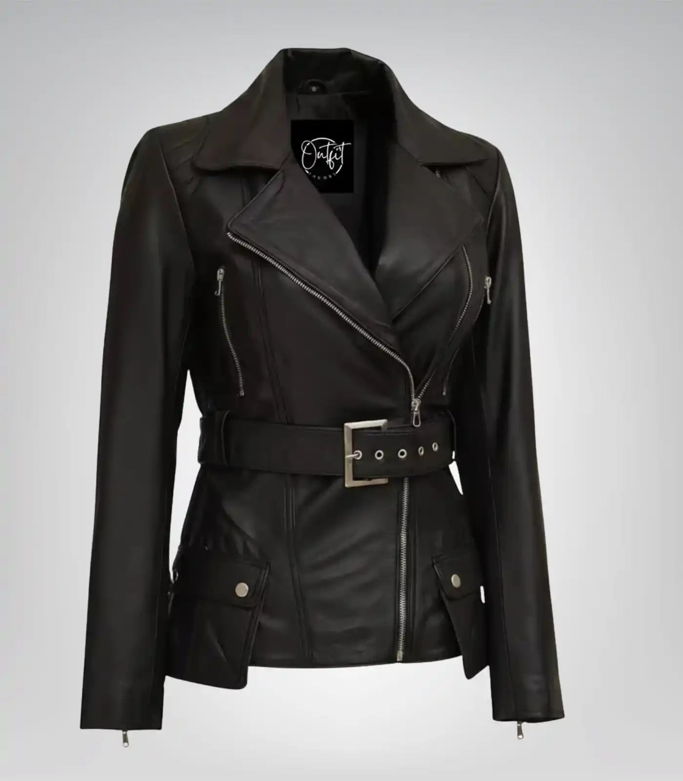 Women’s premium longline black leather biker jacket with belt