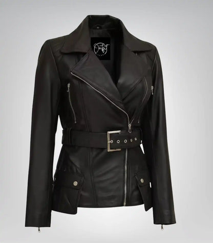 Women’s premium longline black leather biker jacket with belt