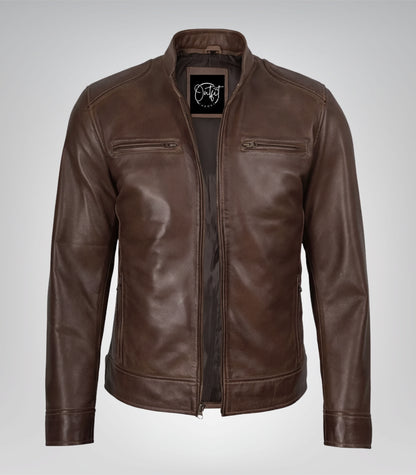 Premium Dodge chocolate brown leather biker jacket for men