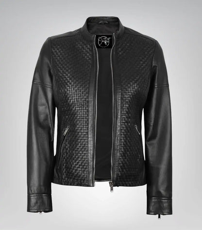 Premium black textured leather biker jacket for women