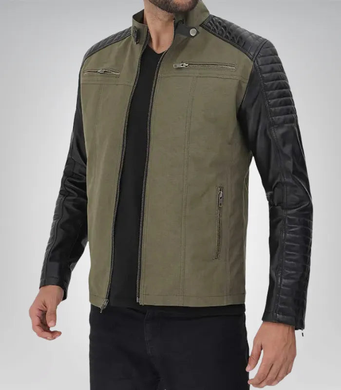 Men’s classic motorcycle café racer jacket – green and black leather