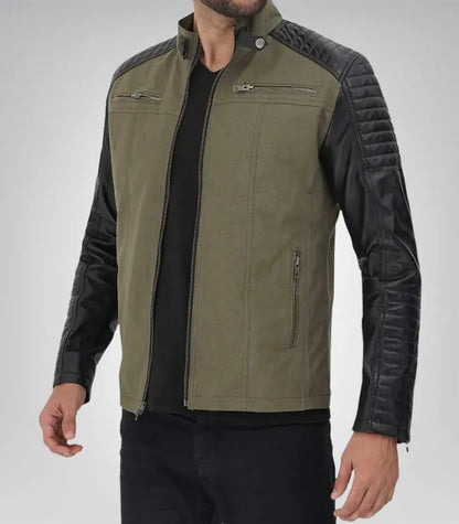 Men’s classic motorcycle café racer jacket – green and black leather