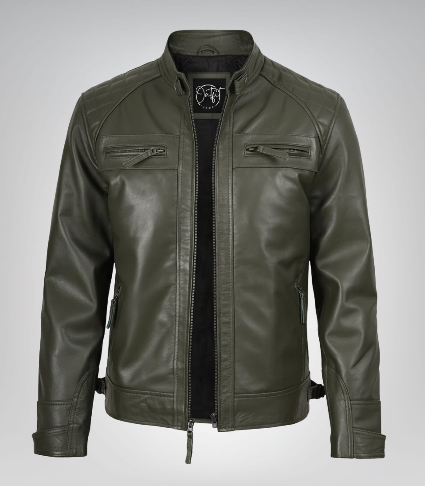 Men’s real leather motorcycle jacket in olive green with quilted shoulders