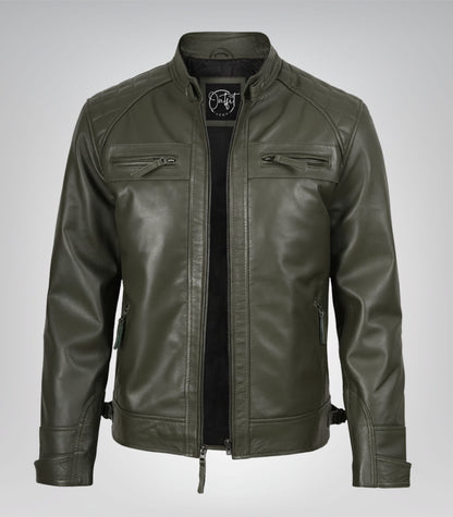 Men’s real leather motorcycle jacket in olive green with quilted shoulders