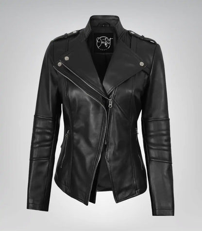 Women’s premium black lambskin leather biker jacket
