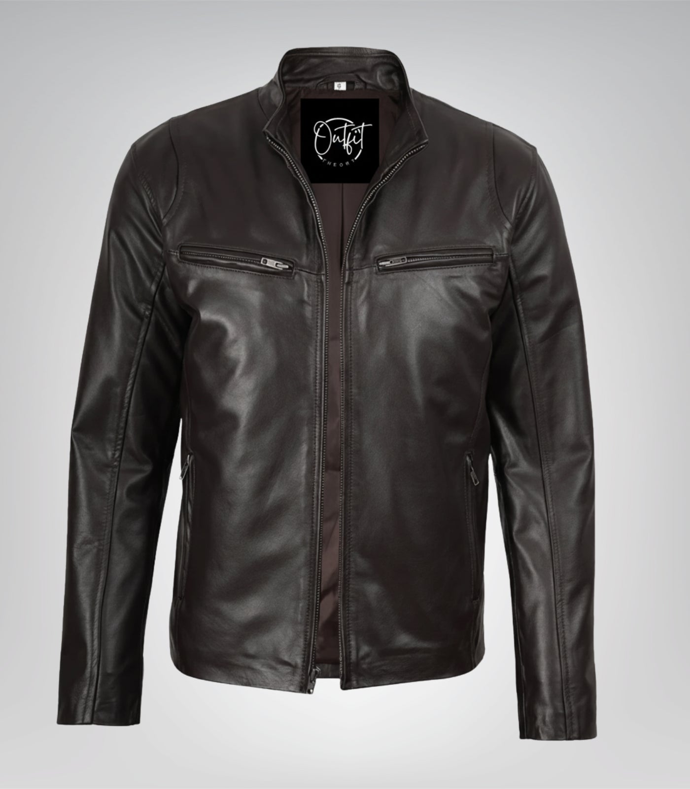 Men’s real cowhide leather moto jacket in dark brown
