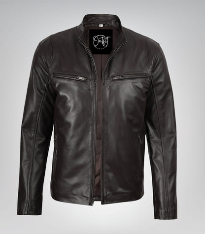 Men’s real cowhide leather moto jacket in dark brown