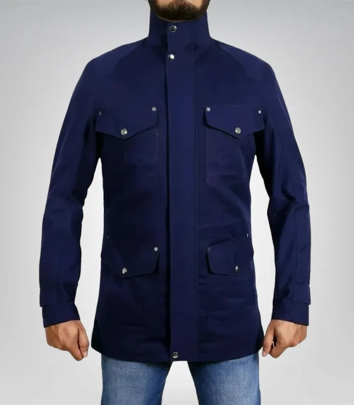 Men’s blue cotton long coat – classic casual outerwear jacket