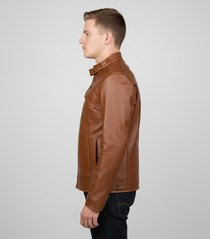 Stylish men's genuine leather biker jacket with zipper details