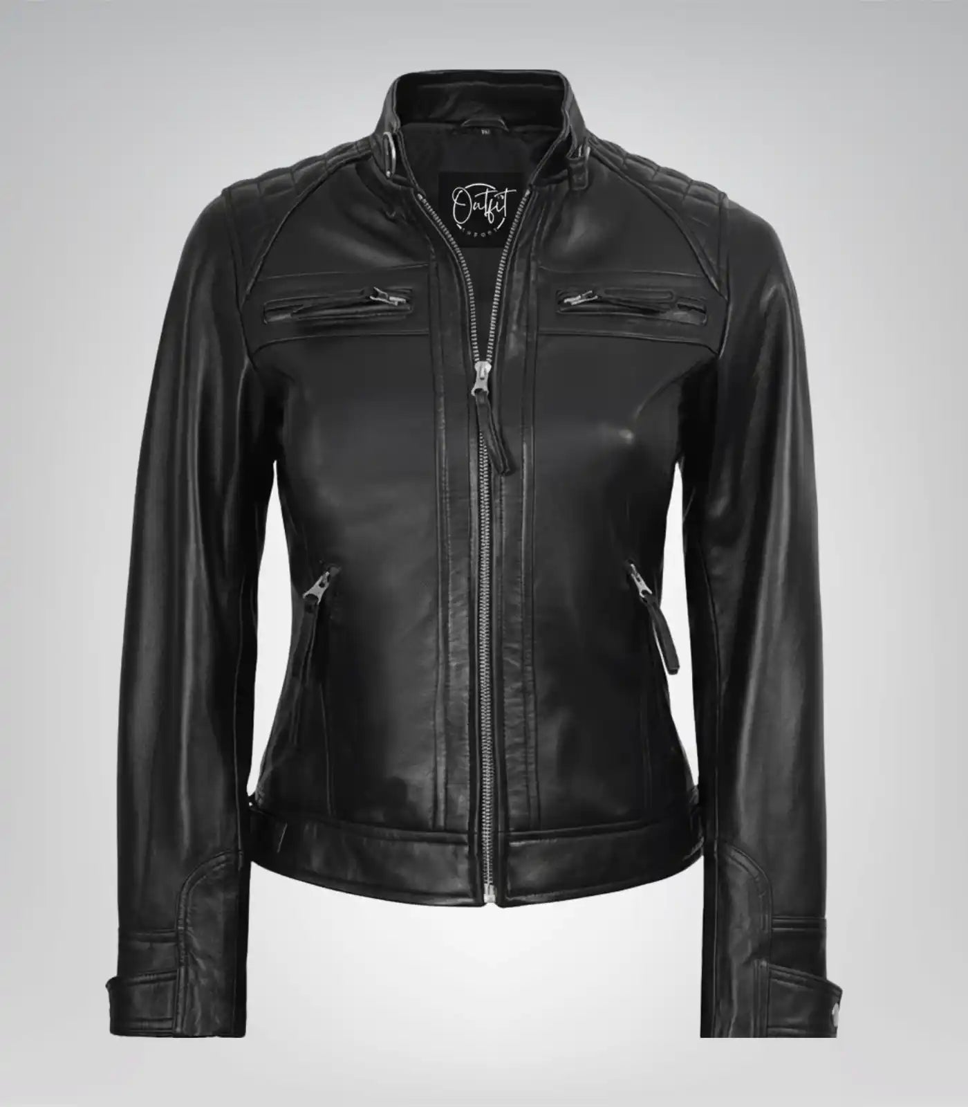 Women’s quilted-detail black leather biker jacket