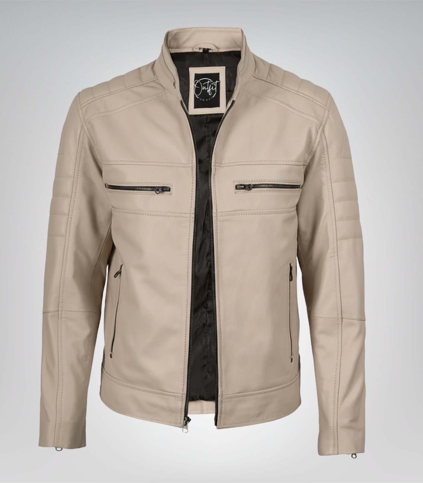 Men’s real leather biker jacket in beige with mandarin neck design