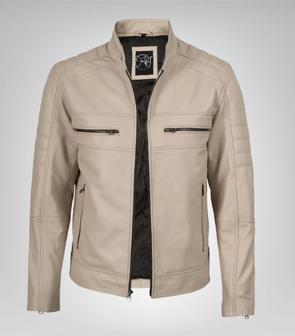 Men’s real leather biker jacket in beige with mandarin neck design