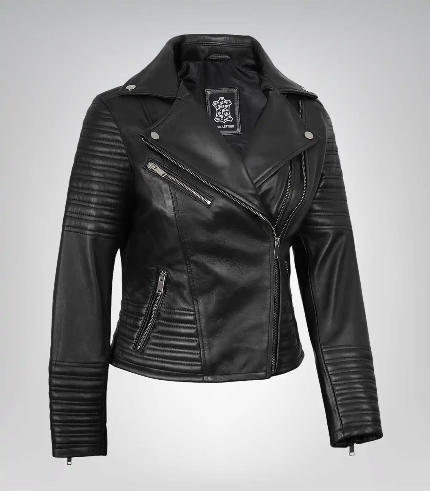 Women’s asymmetrical motorcycle jacket made from genuine black leather