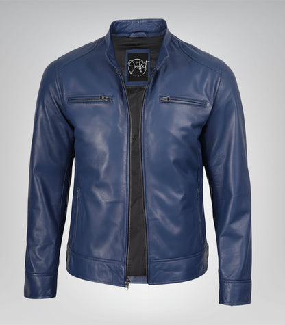 Men’s real leather biker jacket in classic blue design