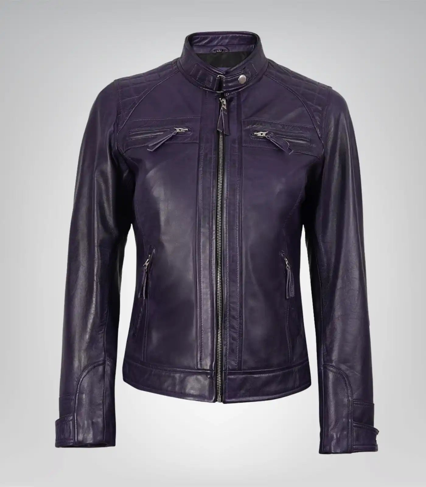 Women’s quilted-shoulder leather biker jacket in purple