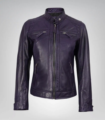 Women’s quilted-shoulder leather biker jacket in purple