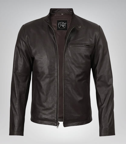 Men’s real cowhide leather biker jacket in dark brown color