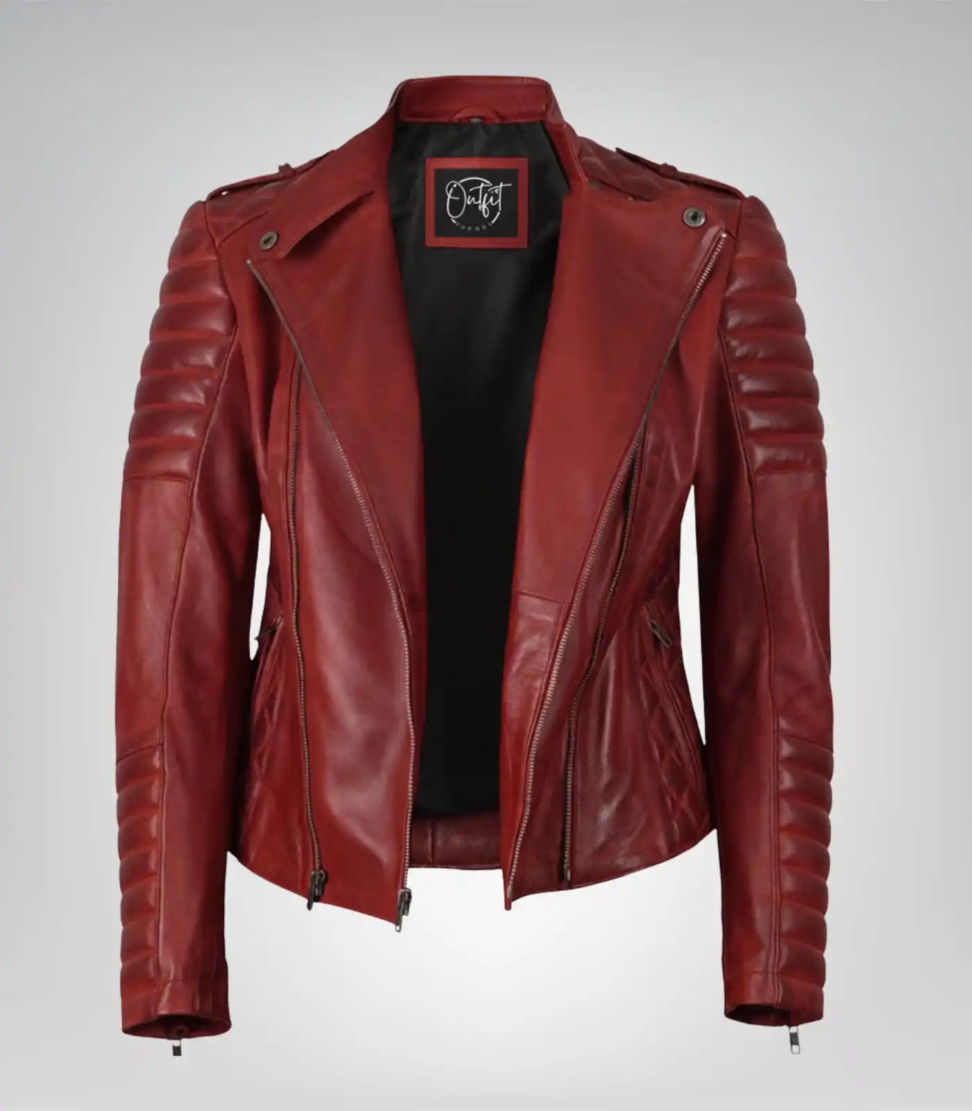 Premium women’s red leather moto jacket with angled zipper