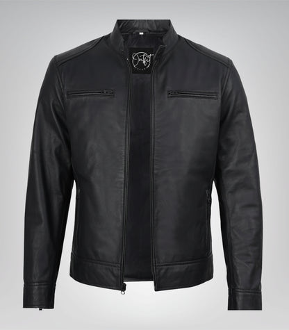 Premium matte black leather biker jacket for men