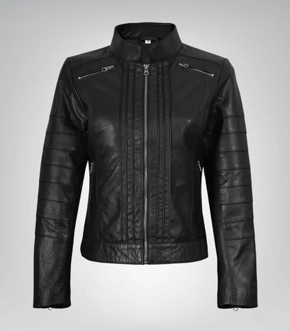 Genuine black leather moto jacket for women