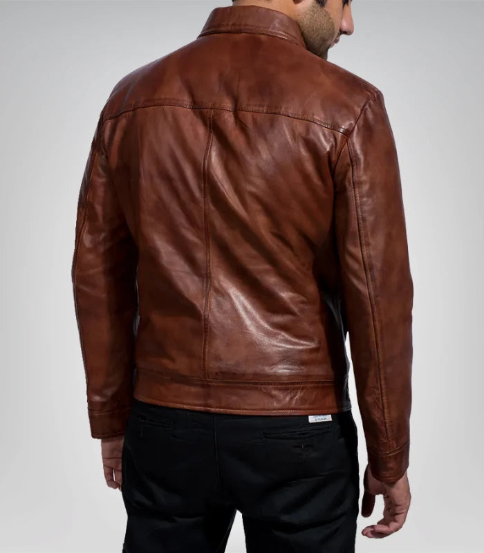 Stylish slim fit leather motorcycle jacket for men front view