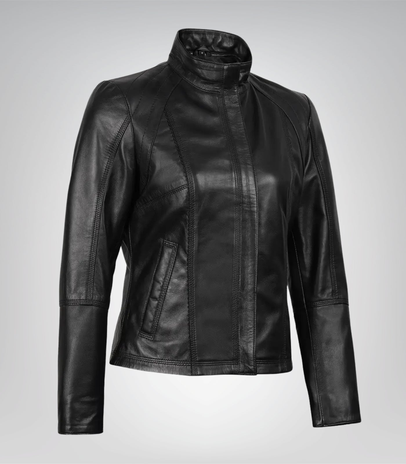 Slim-fit black leather motorcycle jacket for women