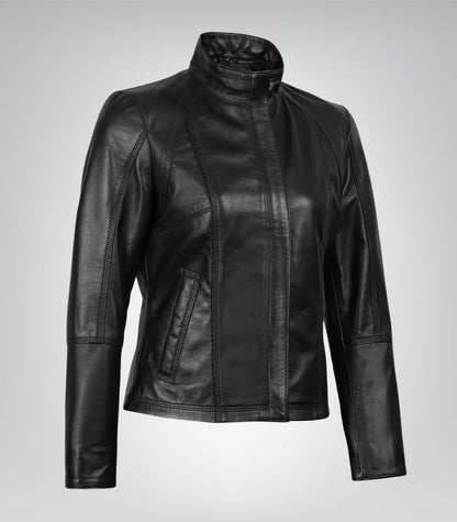 Slim-fit black leather motorcycle jacket for women