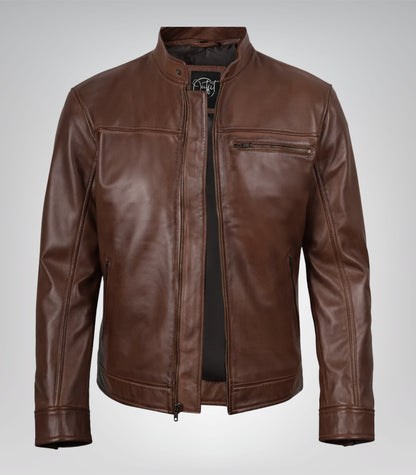 Men’s real leather motorcycle jacket in cognac brown