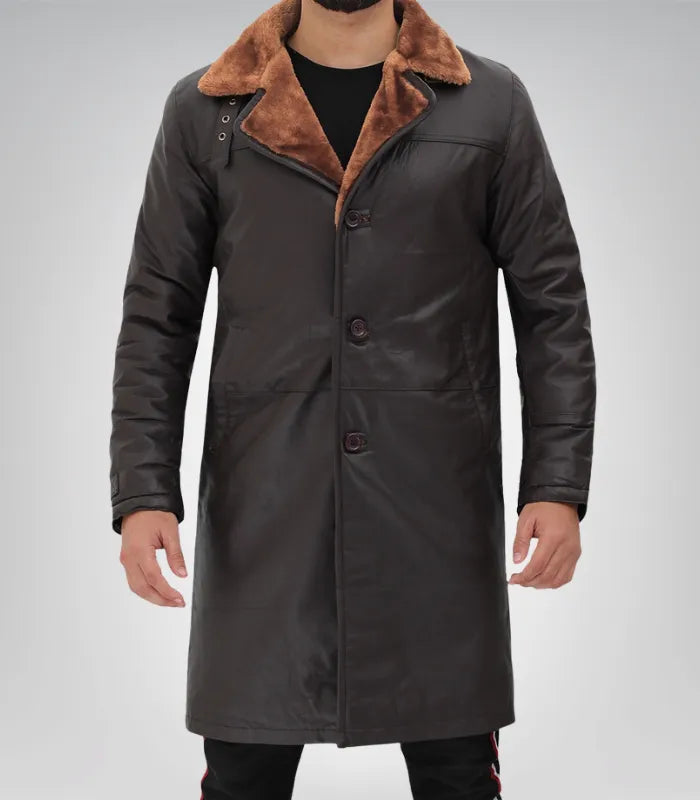 Men’s Dark Brown Leather Shearling Coat 3/4 Length