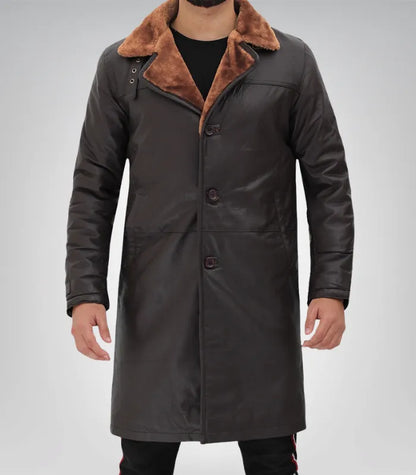 Men’s Dark Brown Leather Shearling Coat 3/4 Length