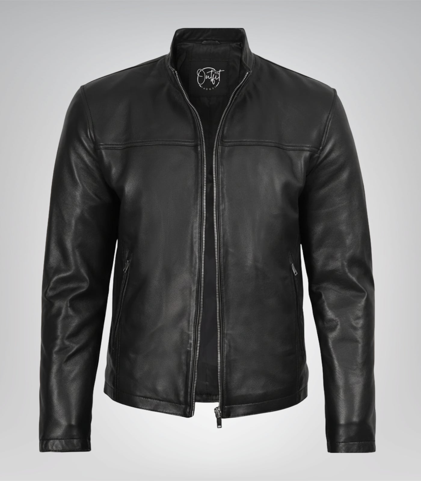 Black real leather men’s jacket featuring classic motorcycle design